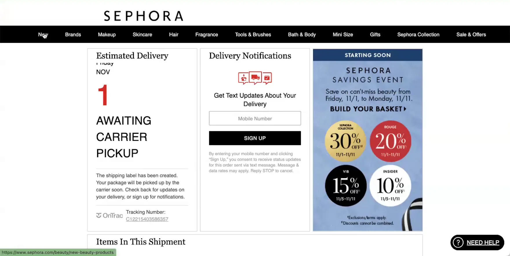 Sephora desktop page with estimated delivery, order status, and tracking number link along OnTrac logo.