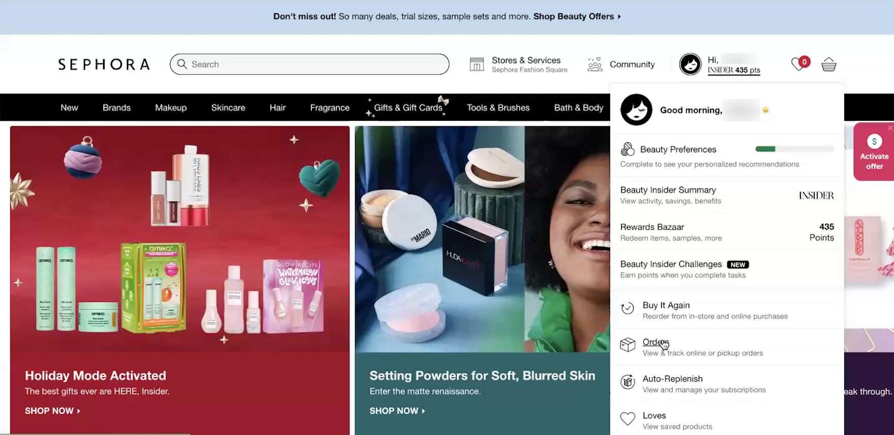 Sephora desktop homepage with open account menu drop-down with mouse hovering “Orders” link.