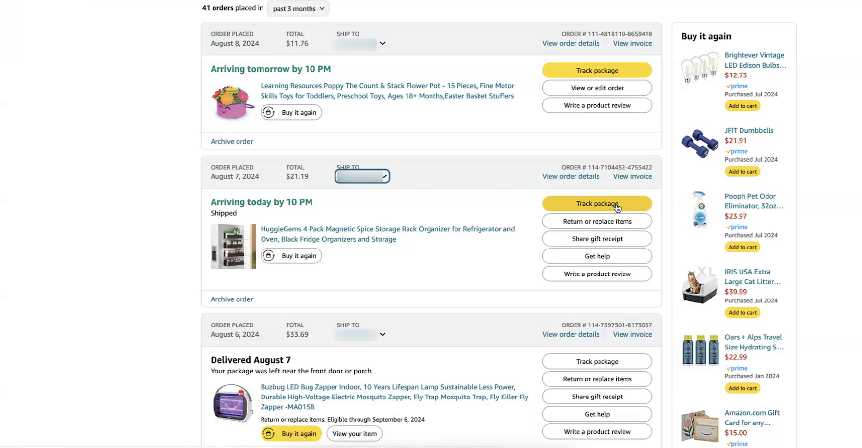 Desktop “Order List” page with details for each order and a yellow “Track Package” button first in a list of links.