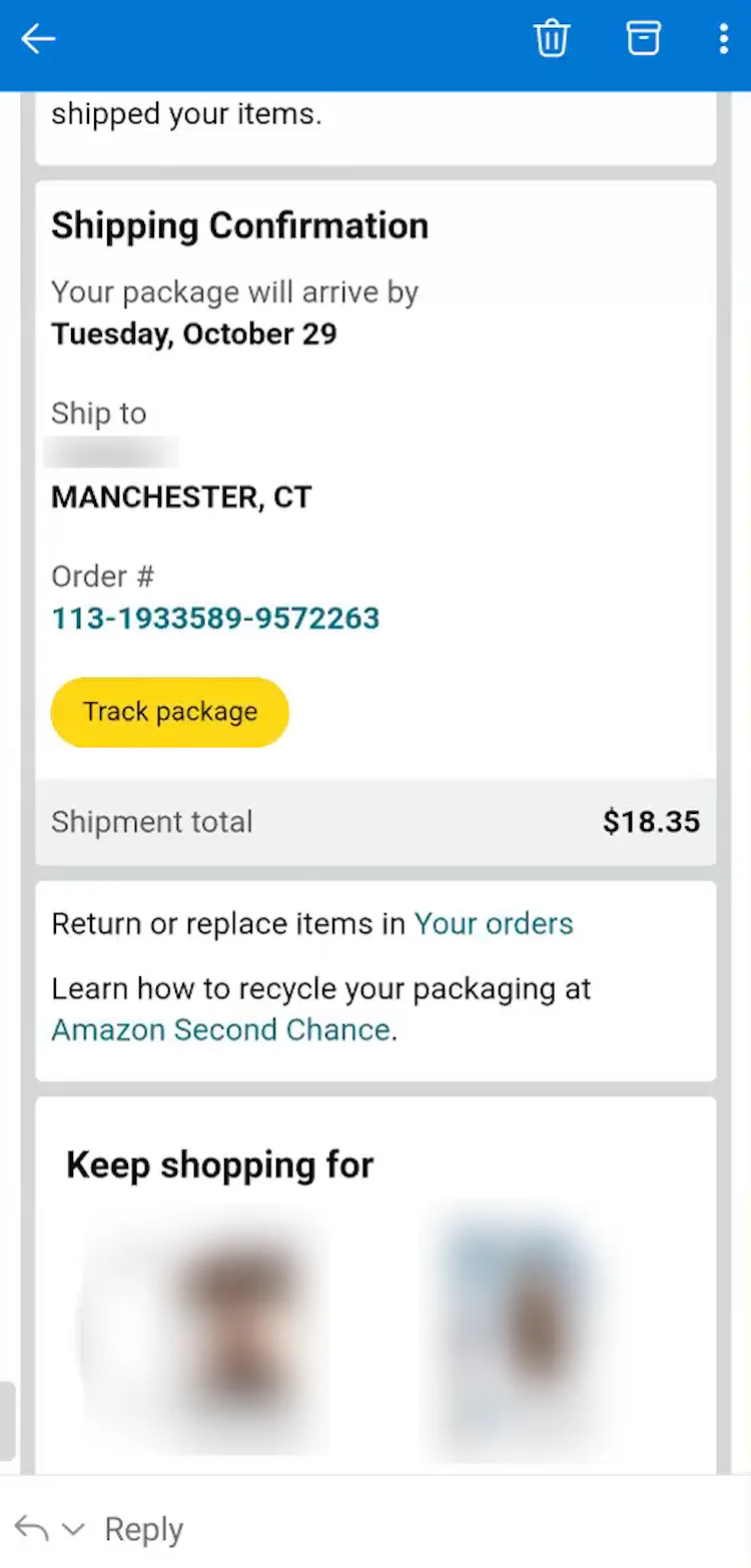 Mobile shipping confirmation email with delivery date, delivery address, ordertracking number, and “Track package” button.