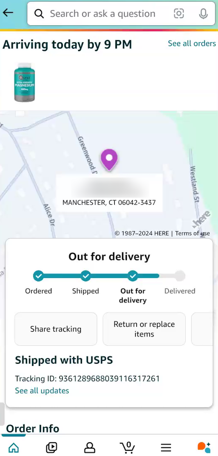 Mobile “Order Tracking” page with order-tracking details and progress in a box on top of map view with pin.