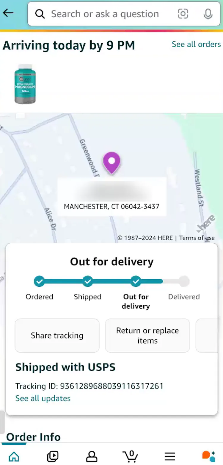 Mobile “Order Tracking” page with order-tracking details and progress in a box on top of map view with pin.