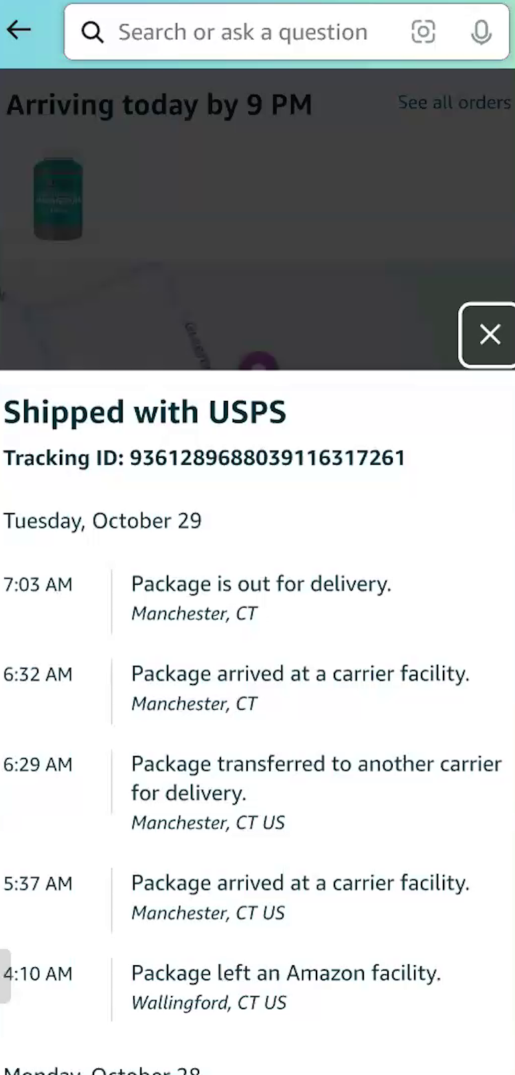 Shipping history overlay on top of mobile “Order Tracking” page.