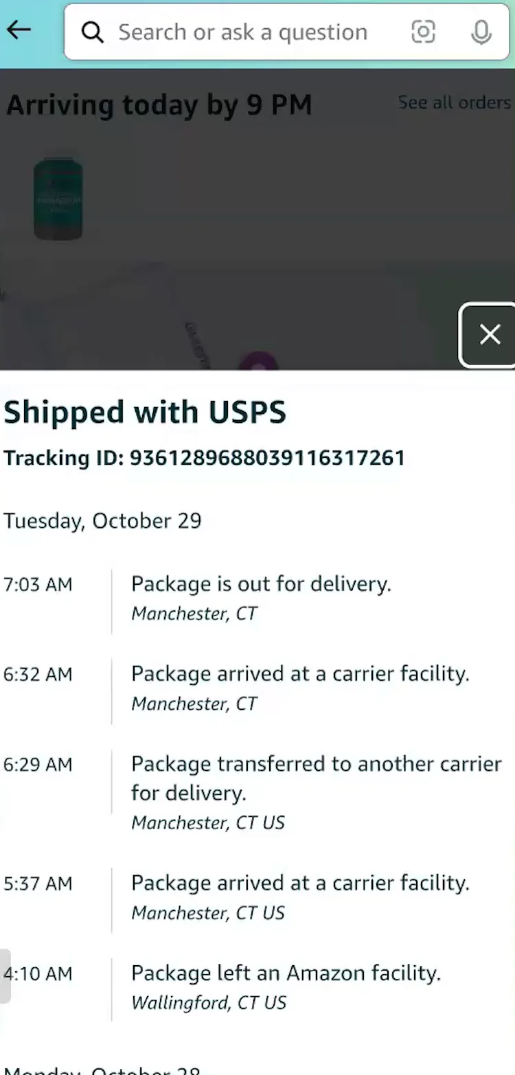 Shipping history overlay on top of mobile “Order Tracking” page.