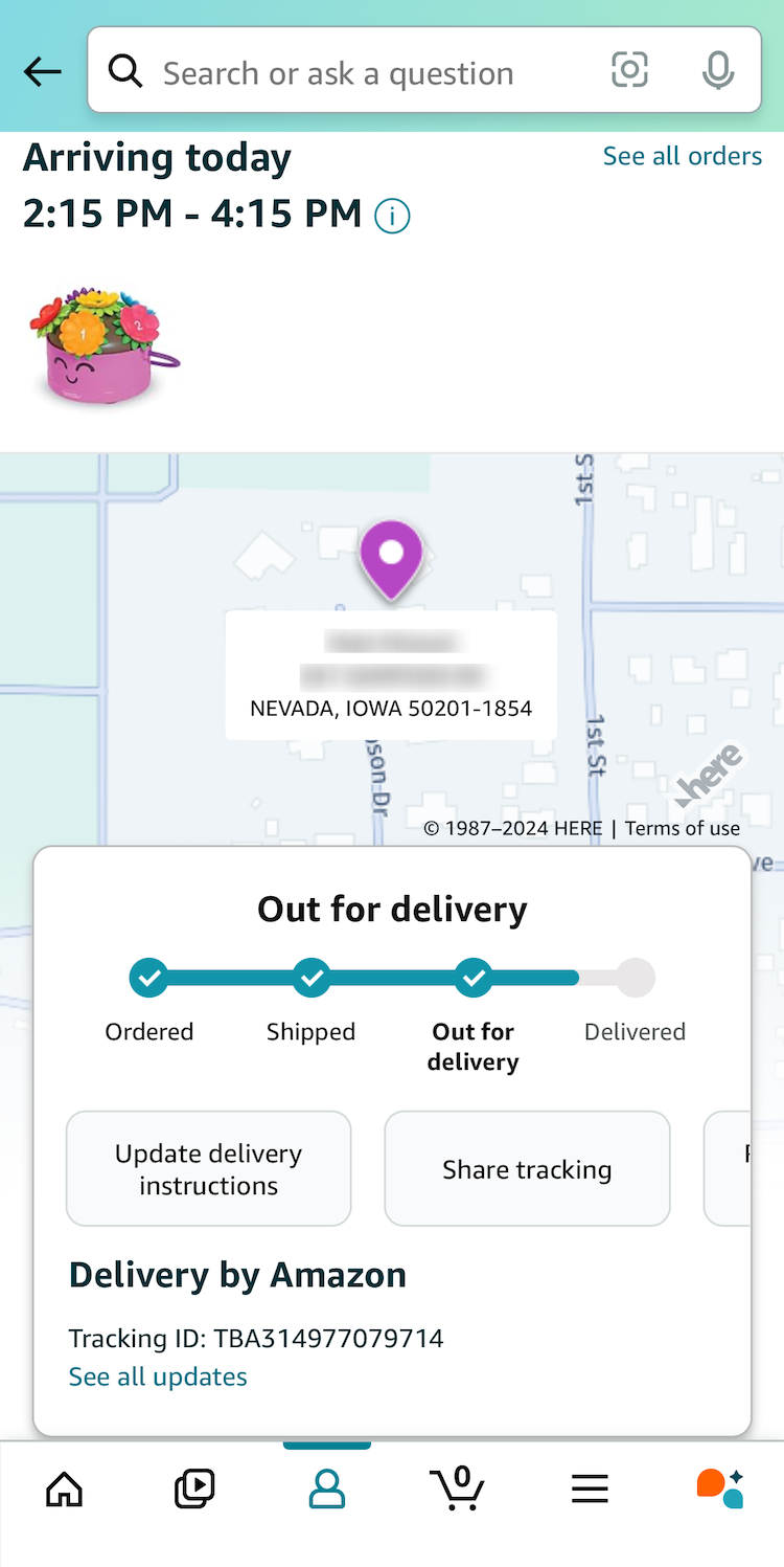 Amazon mobile app “Order Tracking” page with order-tracking details and progress in a box on top of map view with pin.