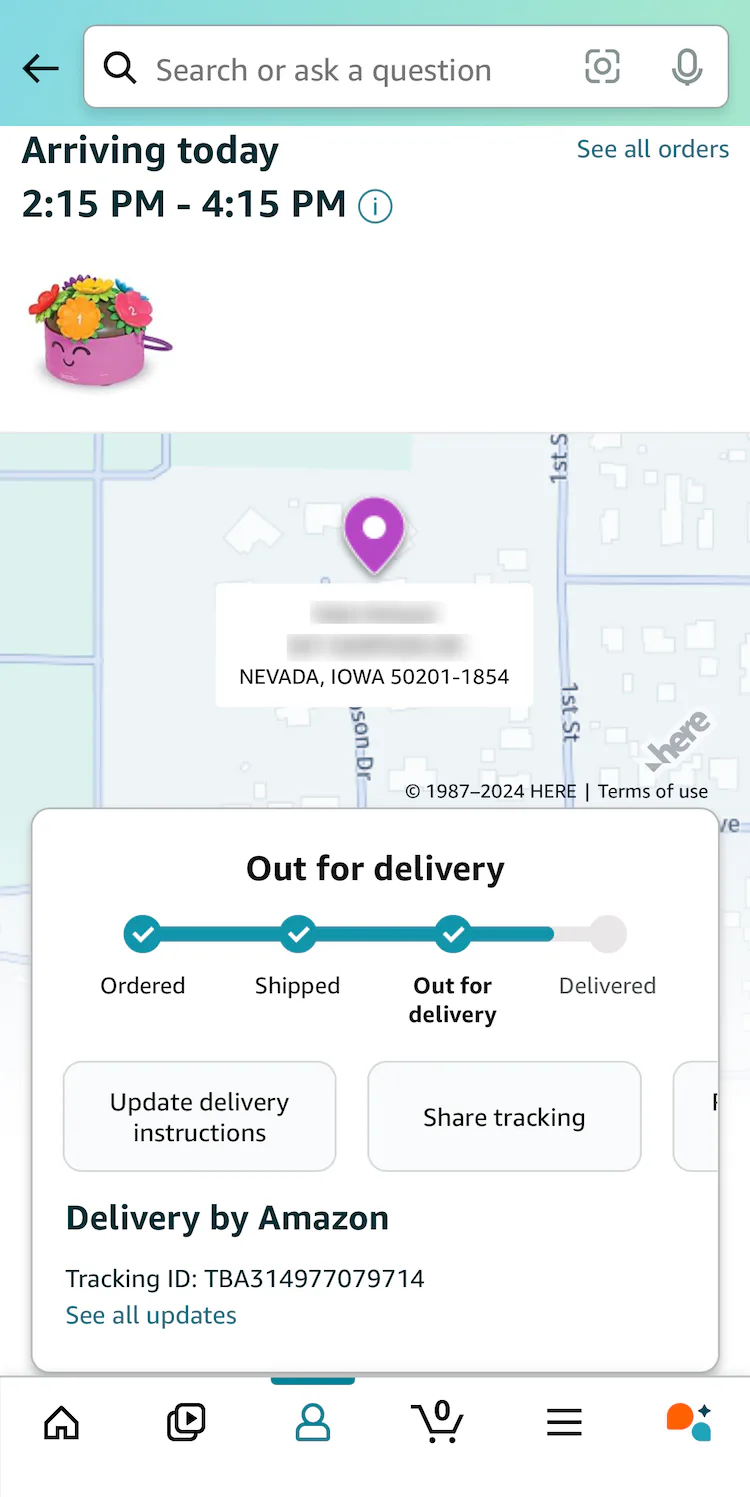 Amazon mobile app “Order Tracking” page with order-tracking details and progress in a box on top of map view with pin.