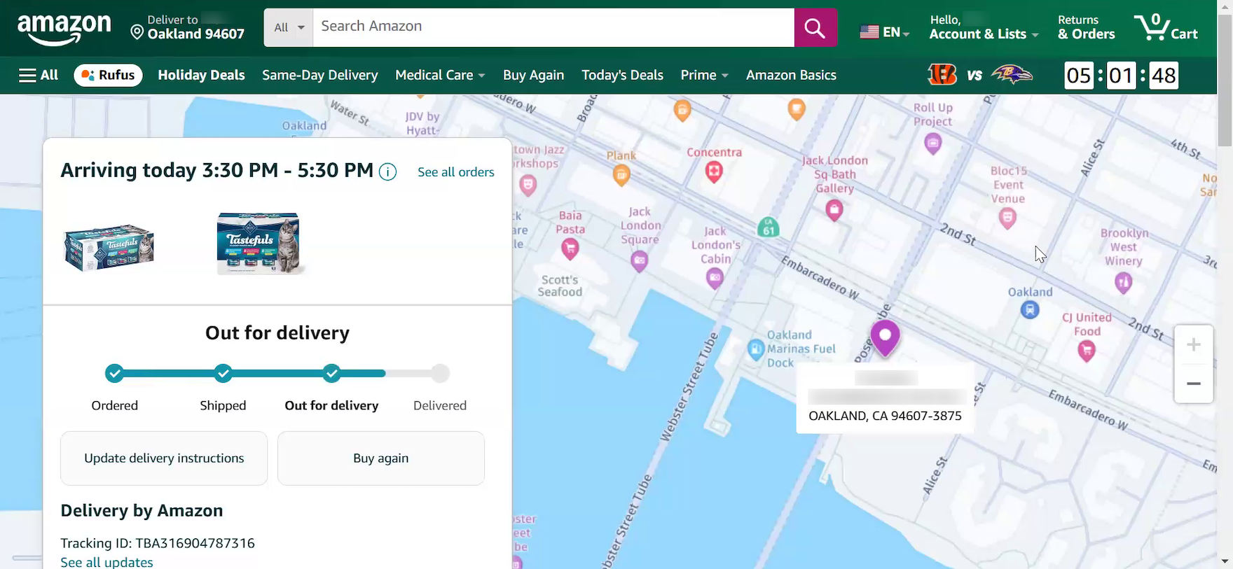 Amazon desktop “Order Tracking” page with order-tracking details including expected delivery timeframe next to a map view.