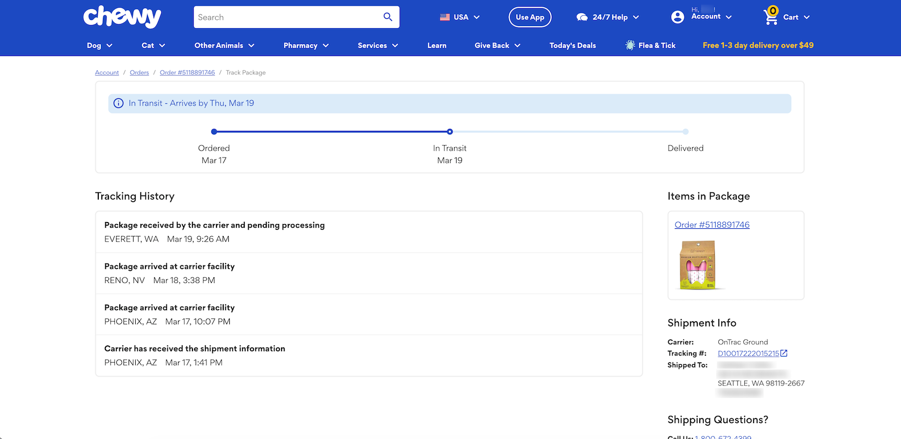 Chewy desktop “Order Tracking” page with expected delivery date in a blue banner above the order status progress bar.