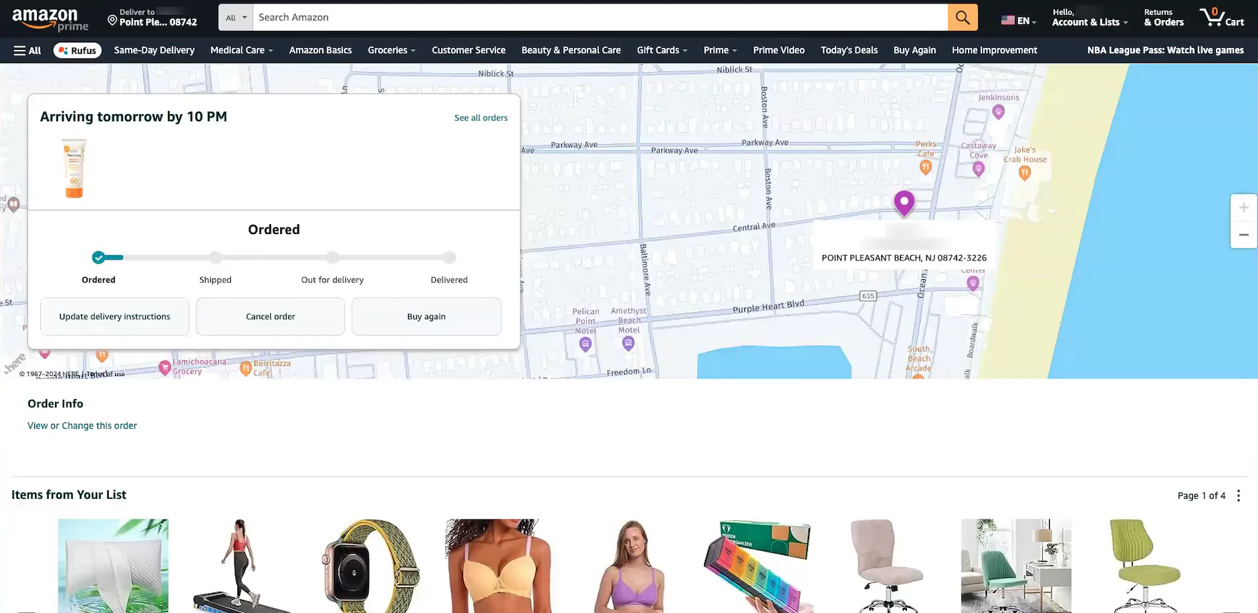 Amazon desktop “Order Tracking” page with order-tracking details including order status progress bar next to map with pin.
