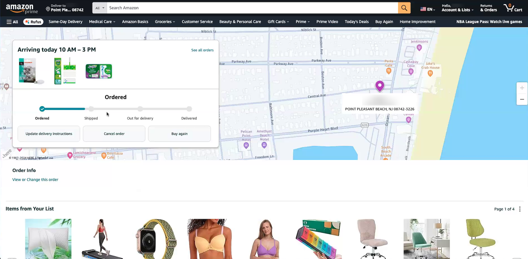 Amazon desktop “Order Tracking” page with order-tracking details including order status progress bar next to map with pin.