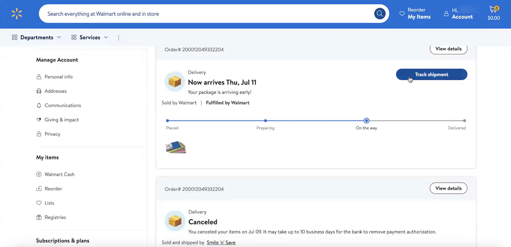 Walmart desktop “Order Details” page with order status progress bar including estimated delivery date.