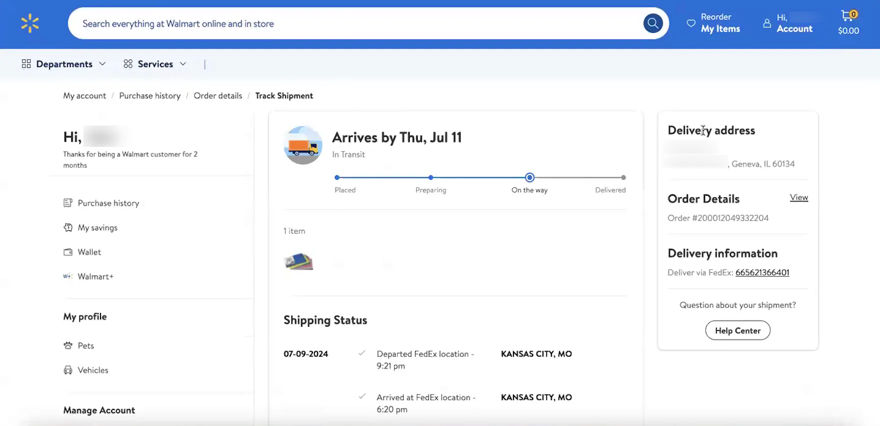 Walmart desktop “Order Tracking” page with order status progress bar including estimated delivery date.