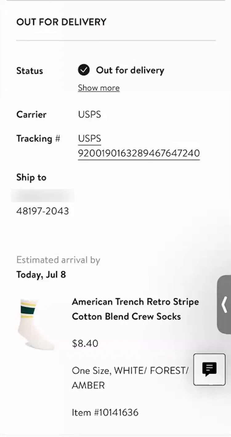 Ecommerce mobile page with delivery information including both tracking link and carrier name (USPS).
