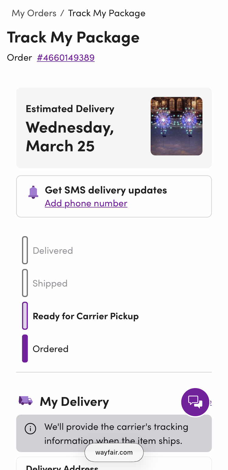 Mobile “Order Tracking” page with order status progress bar and note on availability of carrier tracking information.