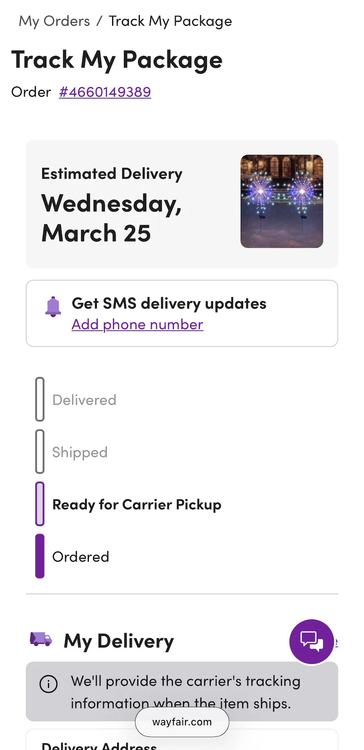 Mobile “Order Tracking” page with order status progress bar and note on availability of carrier tracking information.