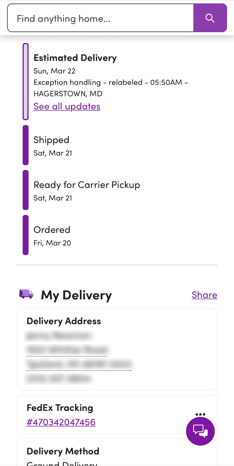 Mobile “Order Tracking” page with order status progress bar and link to “FedEx tracking”with tracking number.