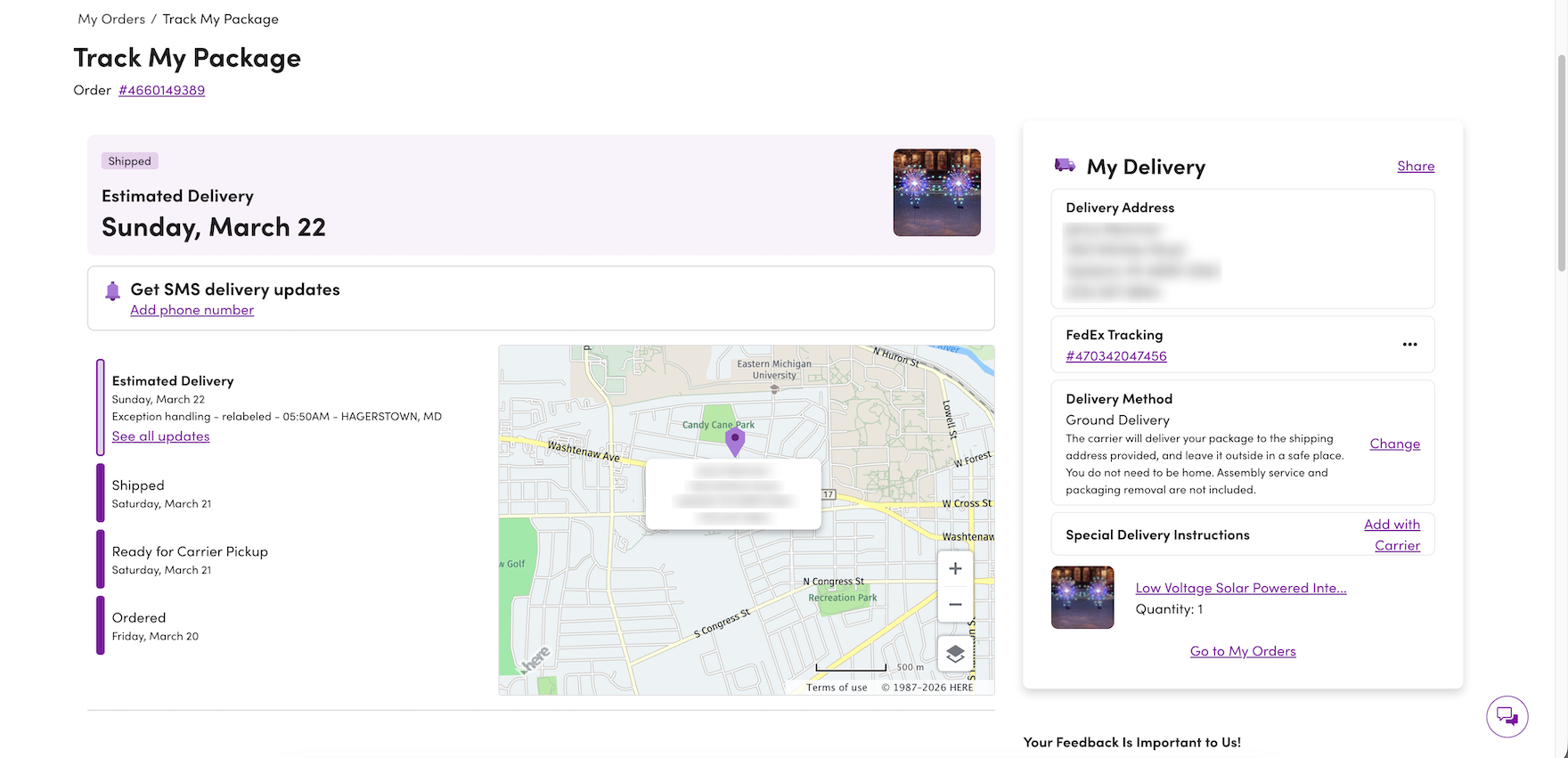 Desktop “Order Tracking” page with order status information and a link to “FedEx tracking”with tracking number.