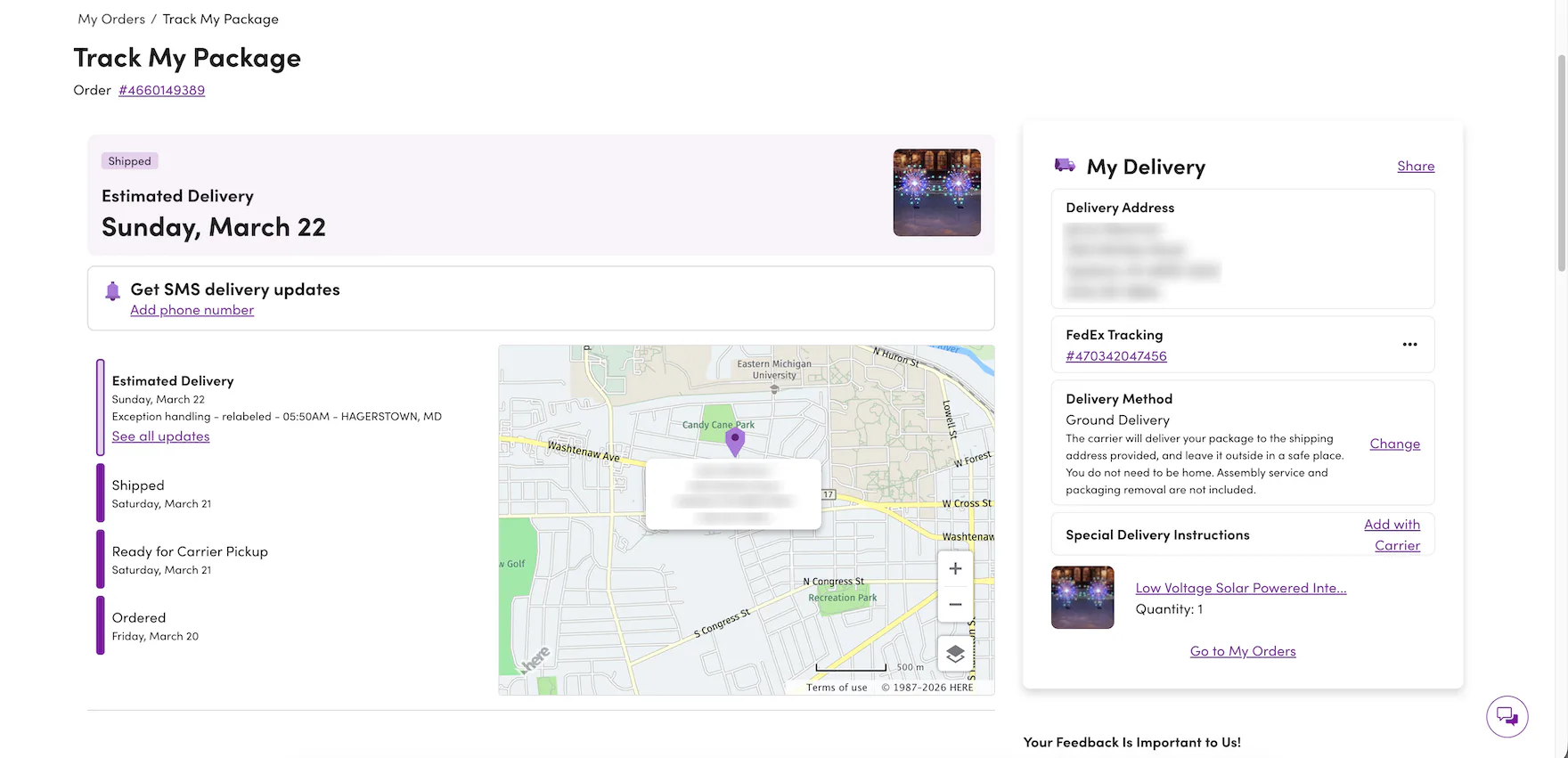 Desktop “Order Tracking” page with order status information and a link to “FedEx tracking”with tracking number.