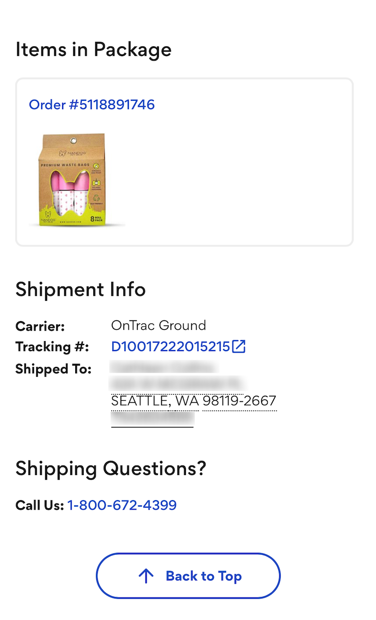 Mobile page with shipping info and a blue tracking number link with conventional link icon.