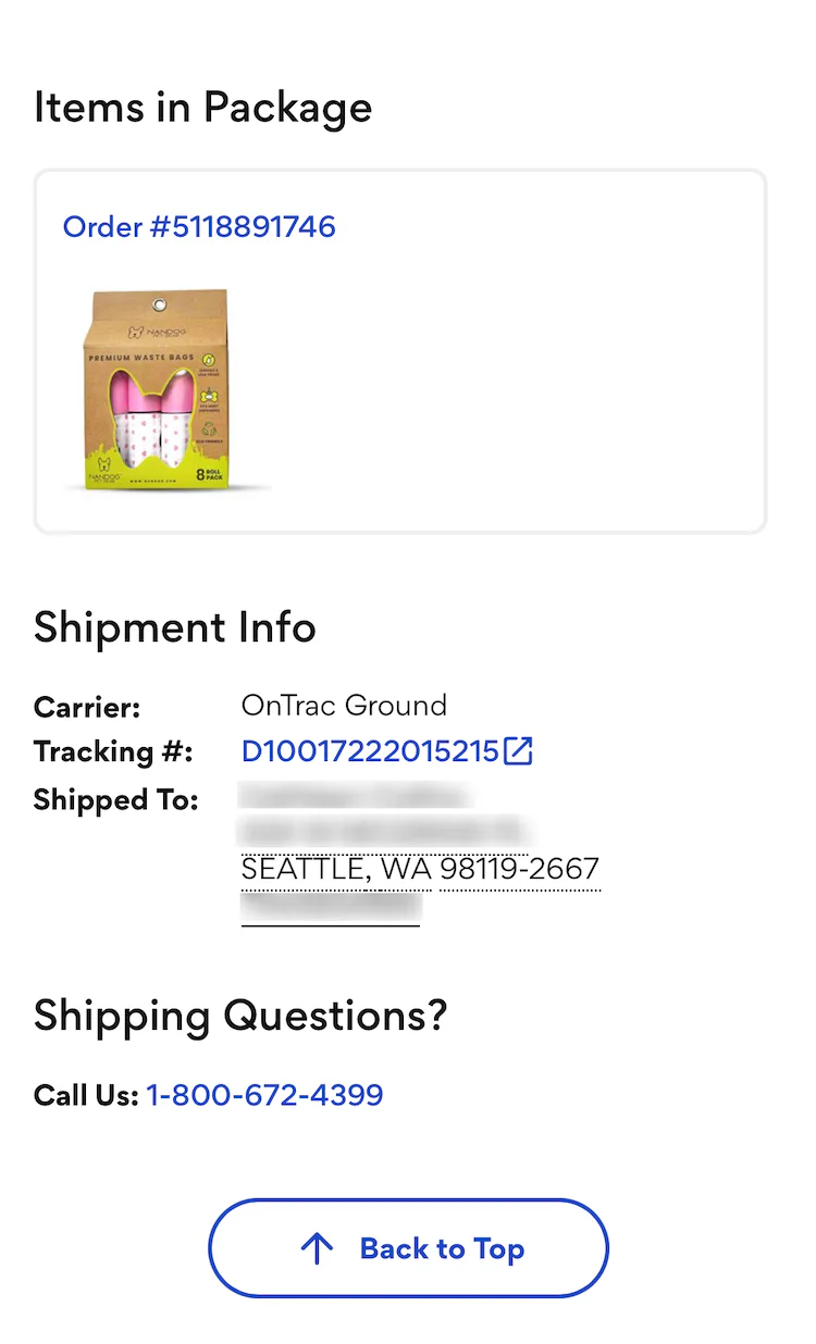 Mobile page with shipping info and a blue tracking number link with conventional link icon.