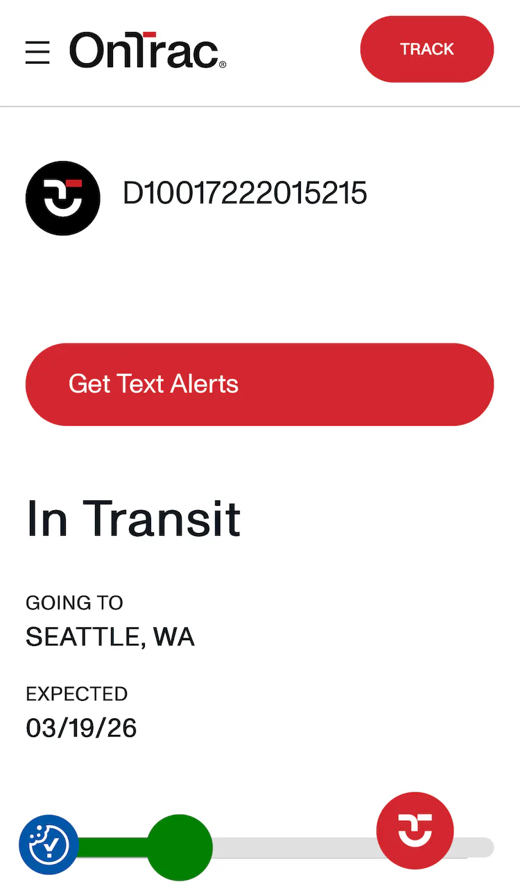 OnTrac mobile tracking page with shipping status, destination, expected delivery date, and progress bar.