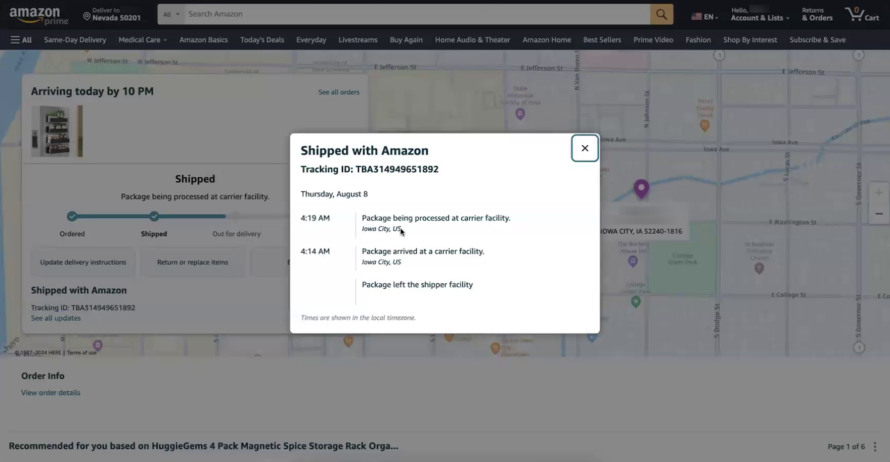 Shipping history overlay on top of Amazon’s desktop “Order Tracking” page.