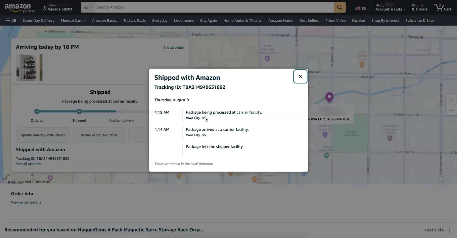 Shipping history overlay on top of Amazon’s desktop “Order Tracking” page.