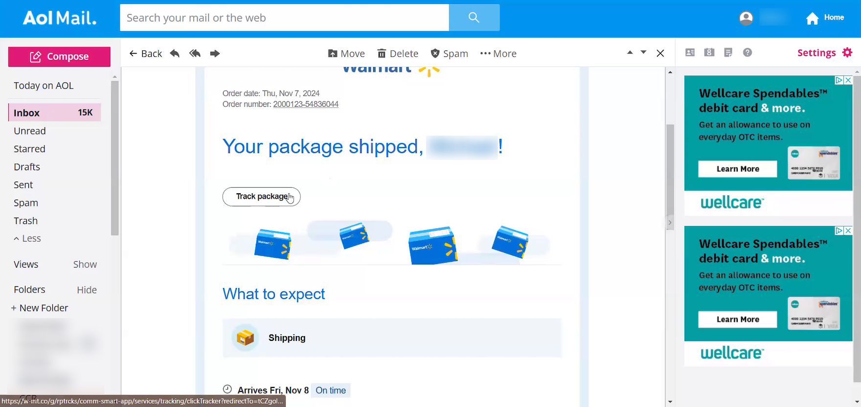 Email from Walmart on desktop with shipping information including a button to “Track package”.