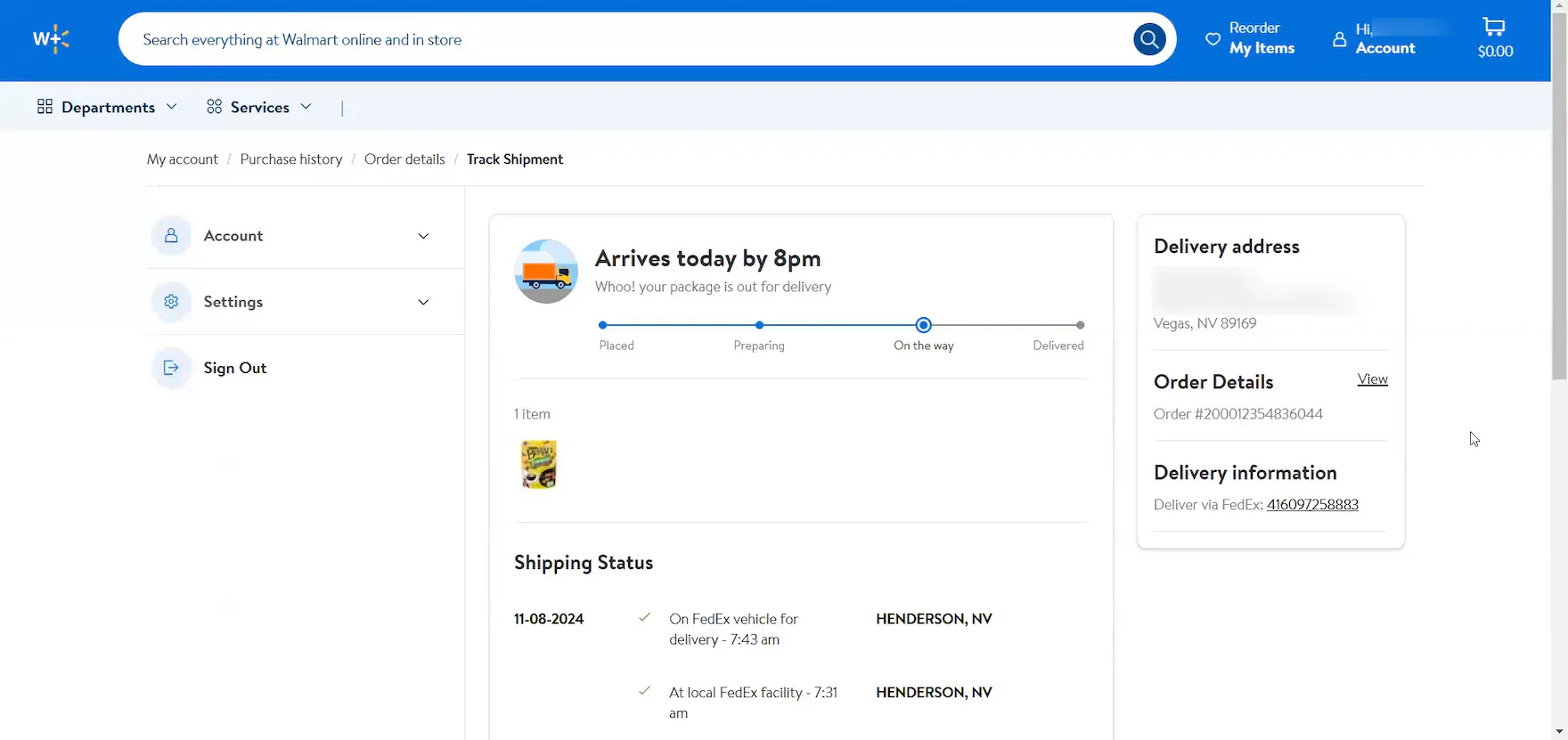 Walmart desktop “Order Tracking” page with order status “On the way” in the progress bar including estimated delivery date.