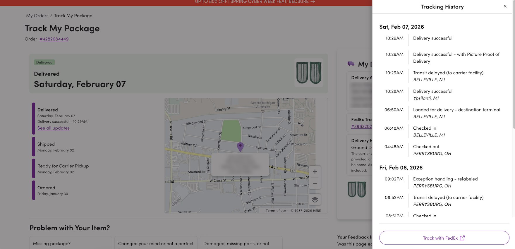 Desktop overlay on top of “Order Tracking” page with detailed tracking history displayed and a button to “Track with FedEx”.