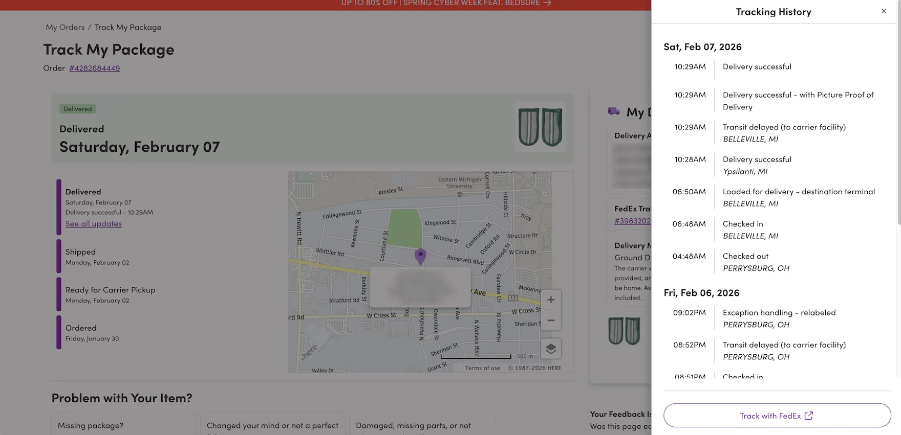 Desktop overlay on top of “Order Tracking” page with detailed tracking history displayed and a button to “Track with FedEx”.