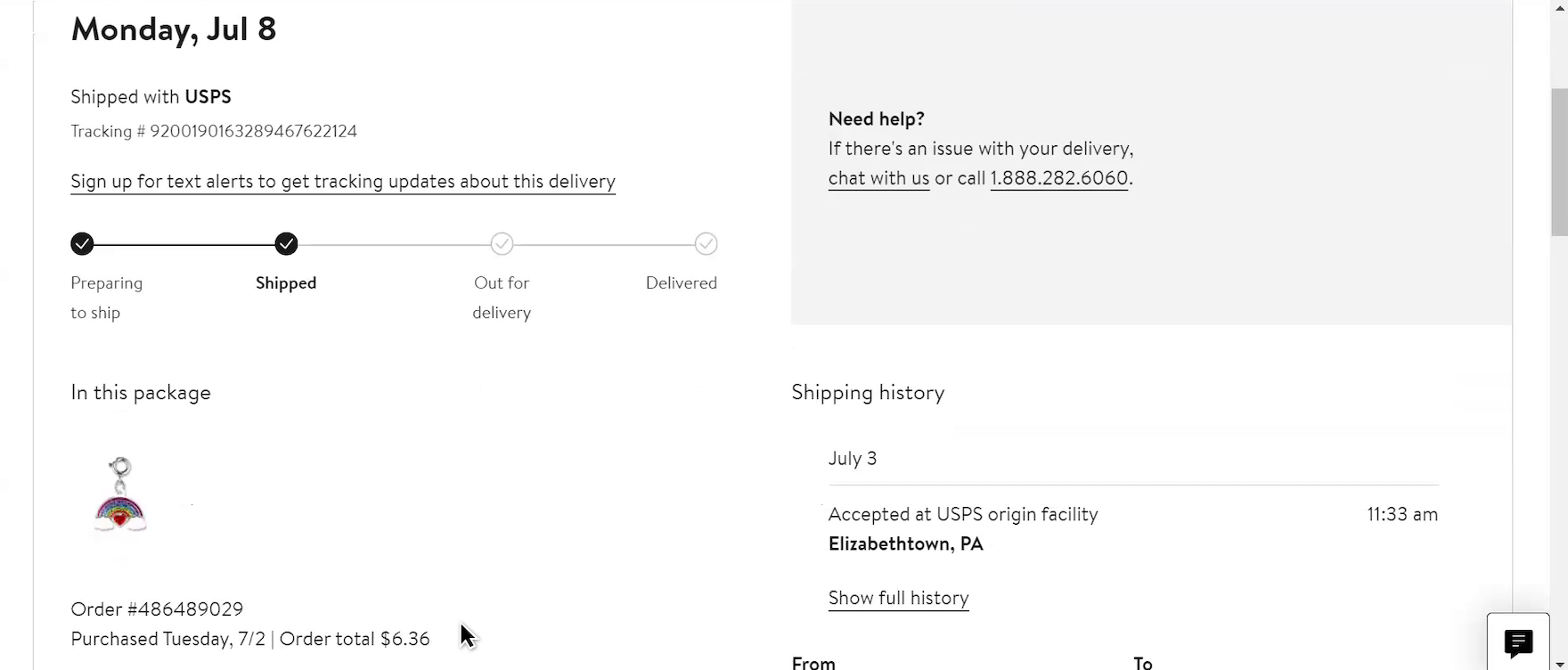 Desktop “Order Tracking” page including package summary, with thumbnail image of the item and the order total.