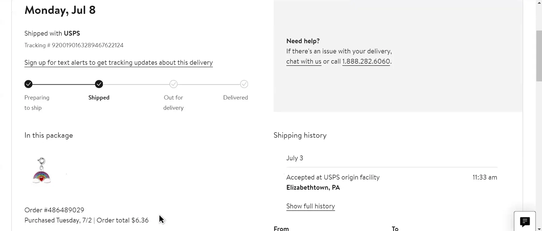Desktop “Order Tracking” page including package summary, with thumbnail image of the item and the order total.