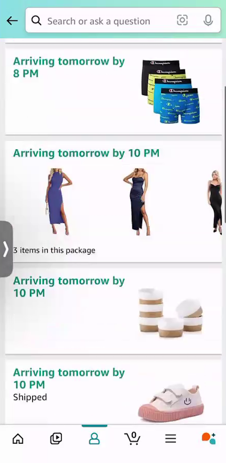 List of orders on ecommerce mobile app including item thumbnails and estimated arrival time.