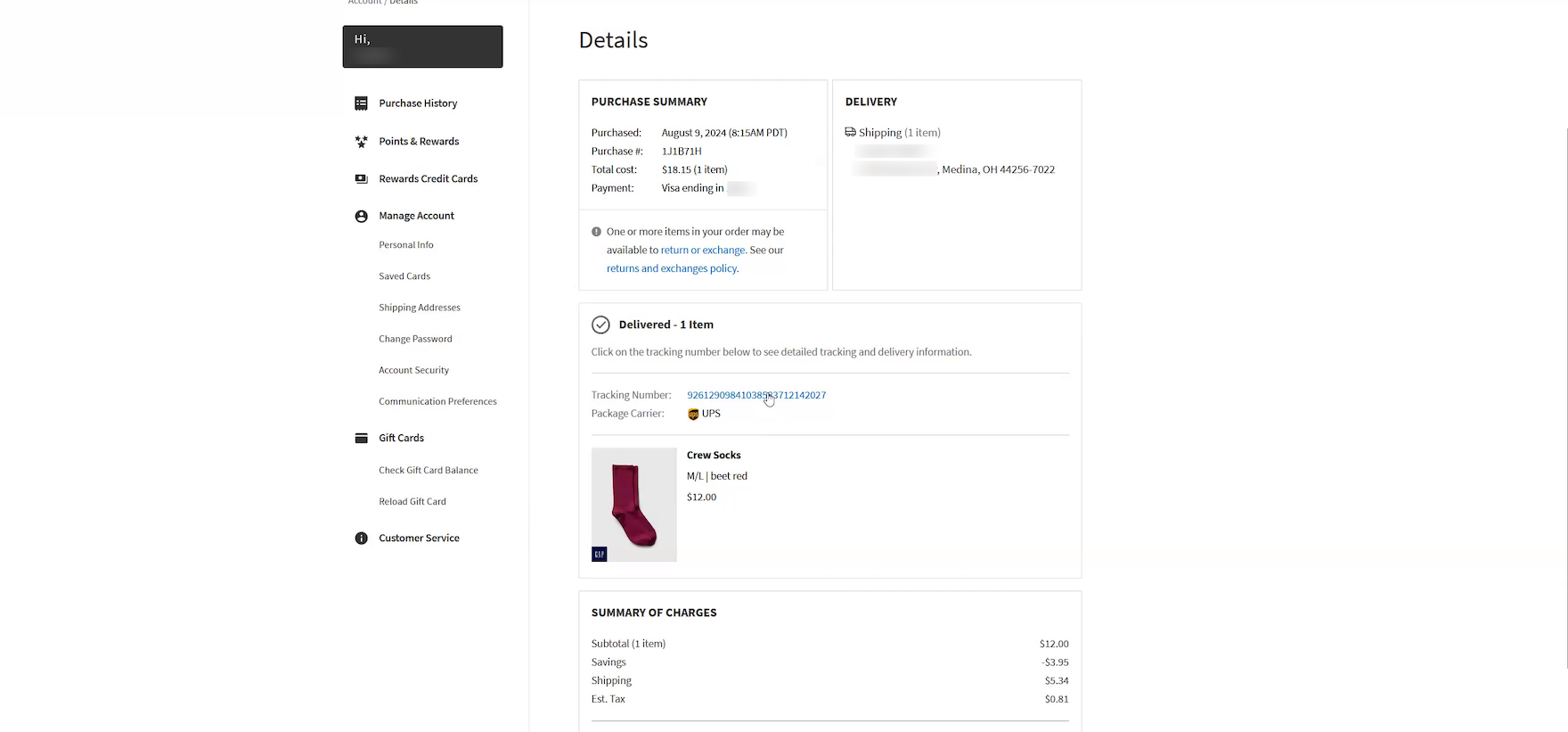 Desktop “Order Details” page including order status (“Delivered”) and a UPS tracking number link.
