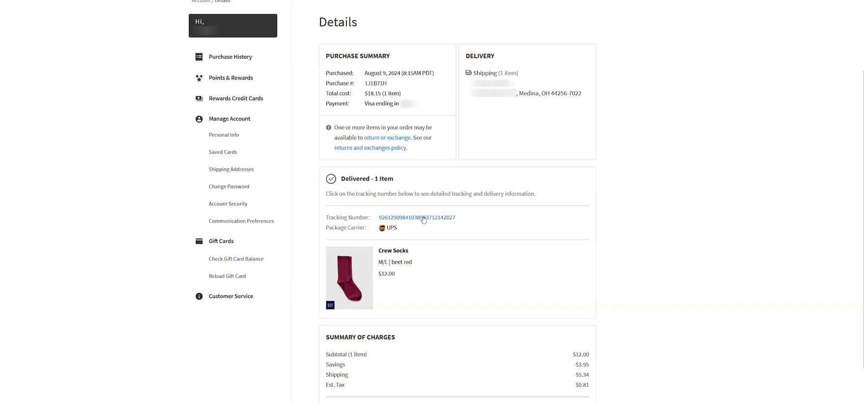 Desktop “Order Details” page including order status (“Delivered”) and a UPS tracking number link.
