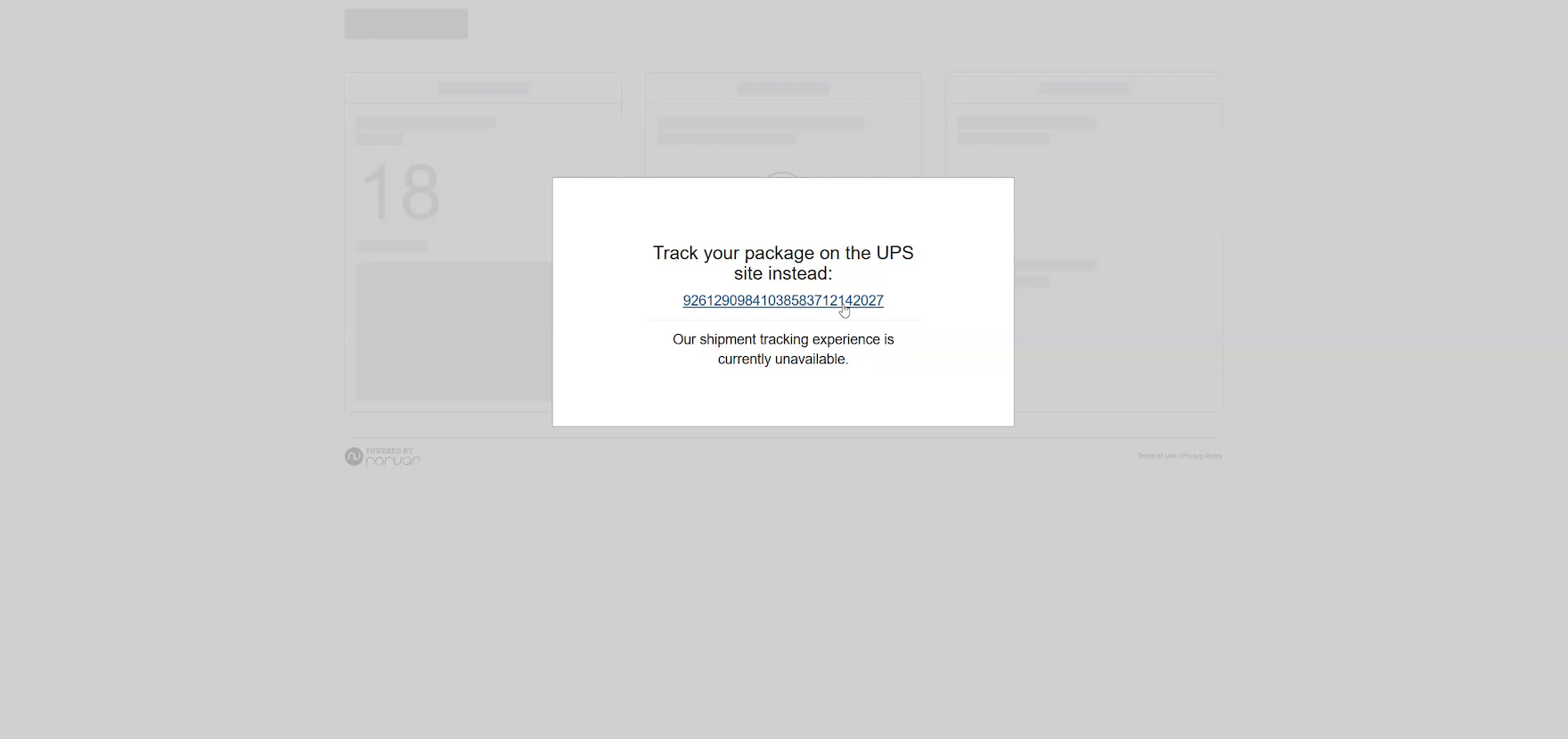 Desktop error message overlay with a link to “Track your package on the UPS site instead”.