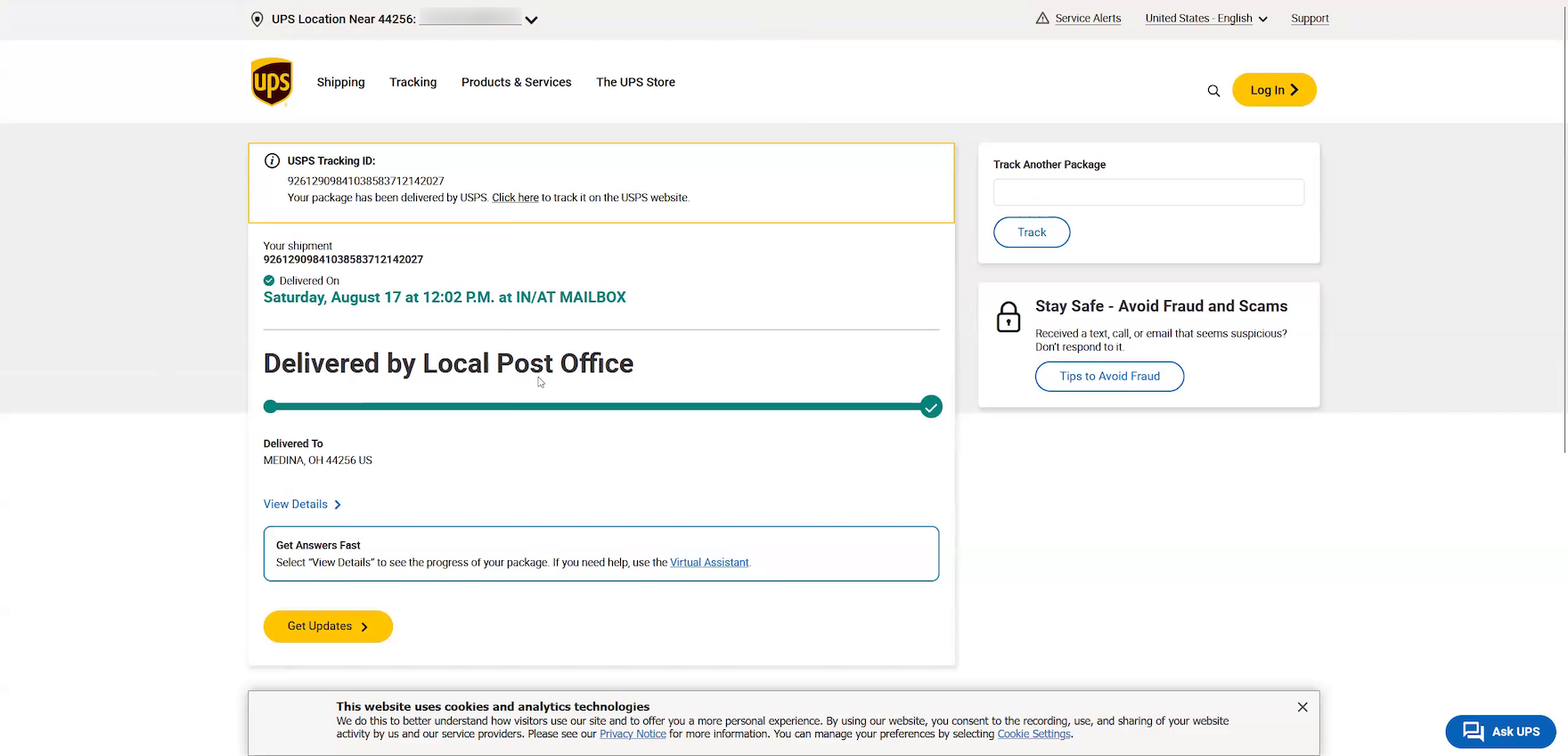 UPS desktop tracking page including delivery information and a note that the package has been delivered by USPS.