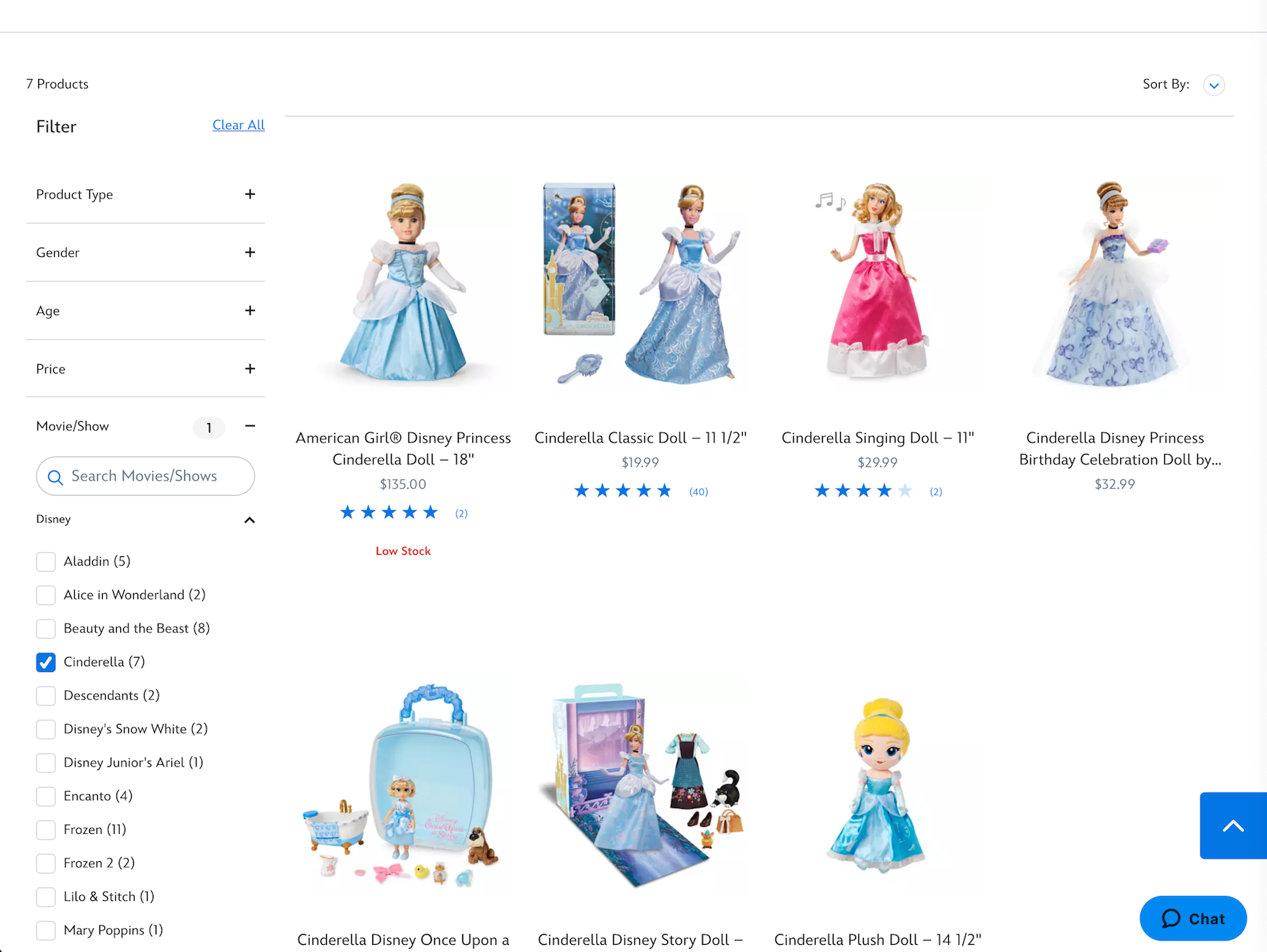Desktop toys product list with the filtering option “Cinderella” selected in the filtering sidebar to the left.