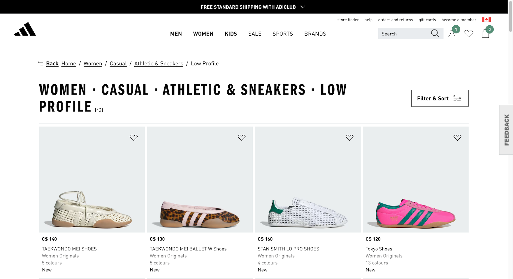 Adidas desktop product list with selected filtering option displayed as static text above it (“Women”, “Casual”, etc.).