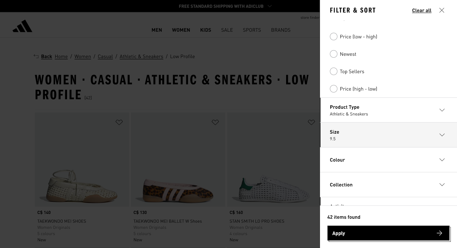 Adidas desktop filtering and sorting overlay on product list page.