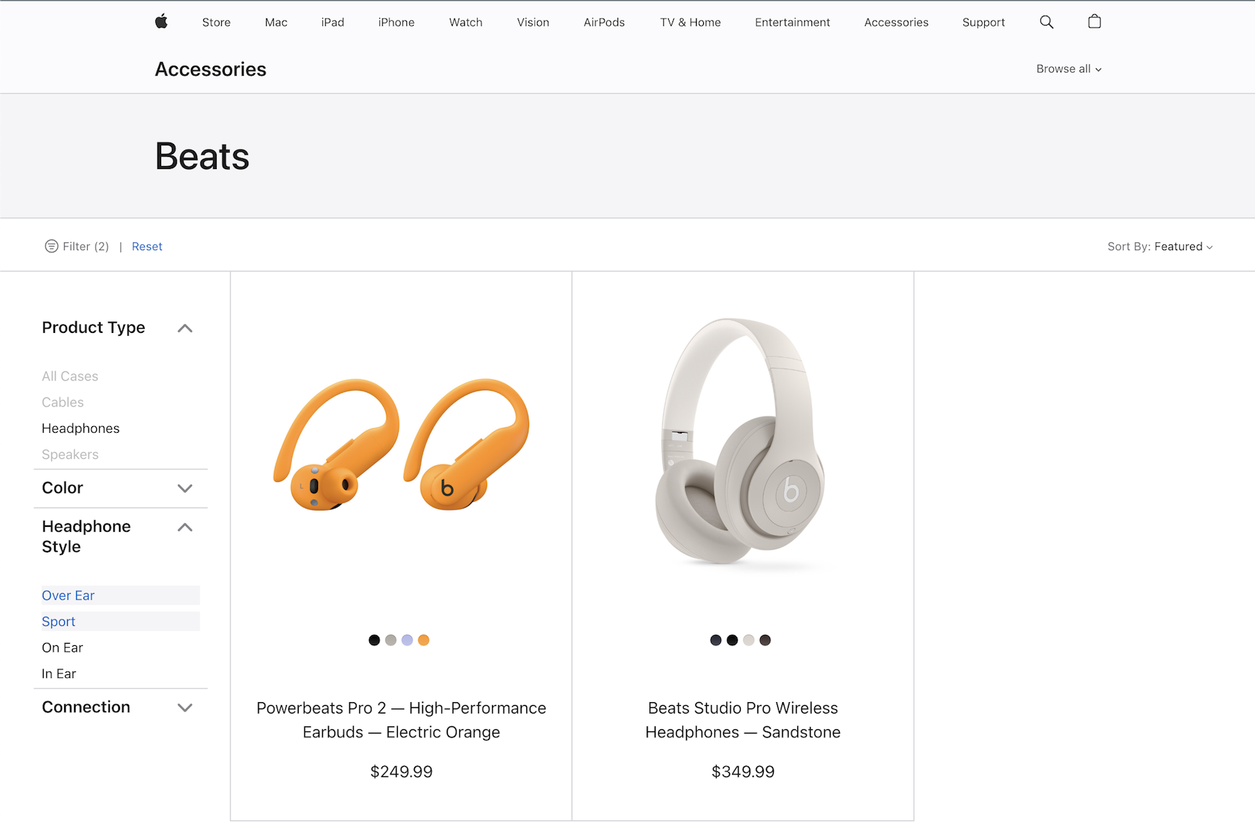 Apple desktop product list of headphones with the filtering option “Over Ear” and “Sport” selected in the filtering sidebar.