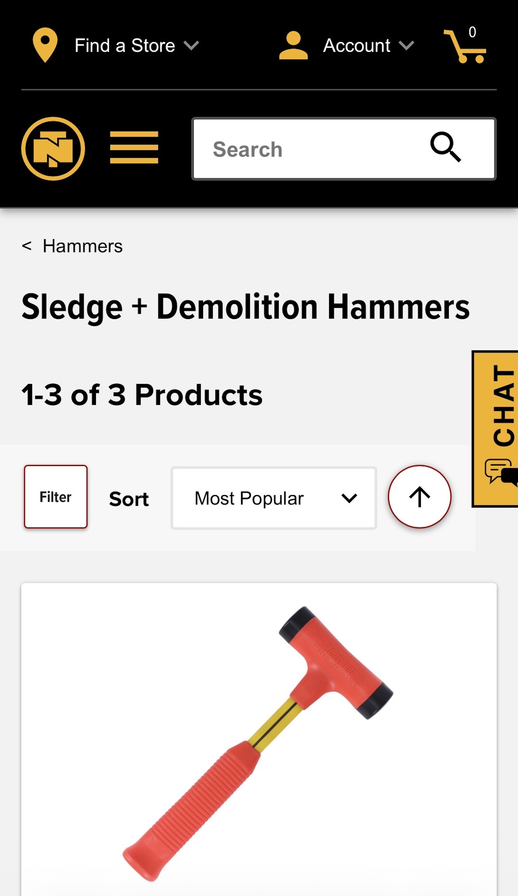 Northern Tool mobile product list with paths to filtering interface and sorting dropdown above the list.