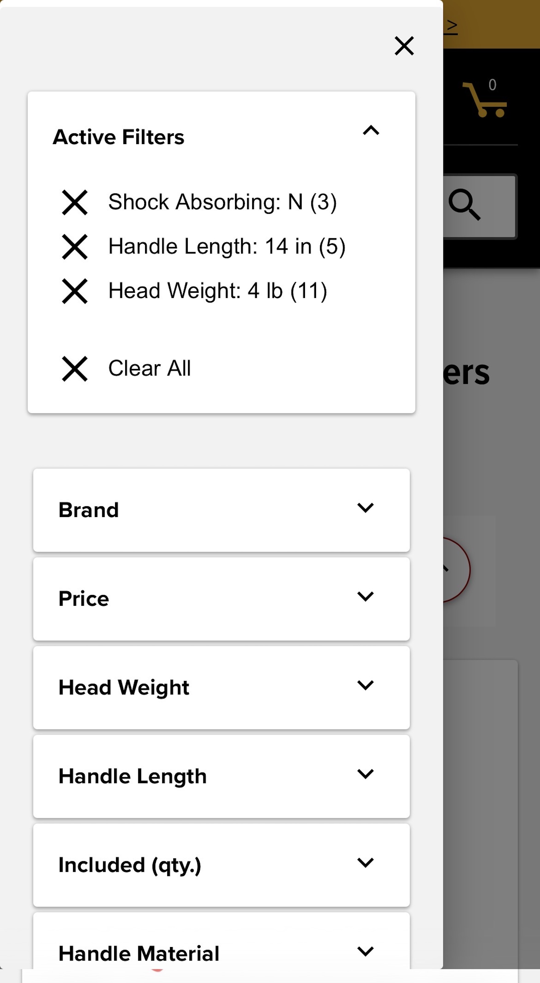 Northern Tool mobile filtering menu with an overview of applied filters including “x” to remove and “Clear All” options.