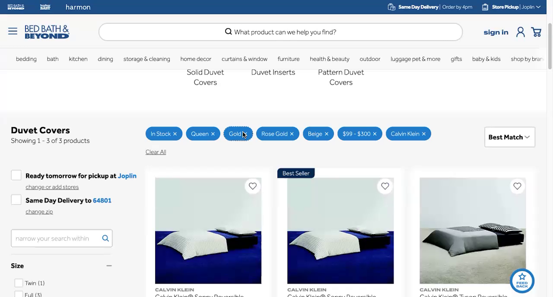 Bed Bath & Beyond desktop product list with applied filters displayed in an overview above the list.