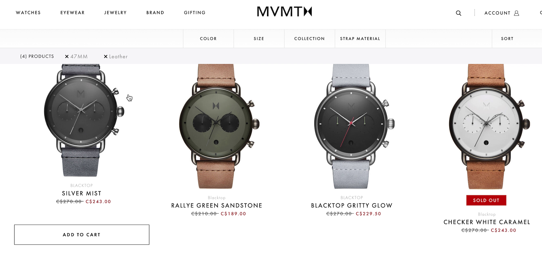 MVMT desktop product list of watches with applied filters displayed in an overview above the list.