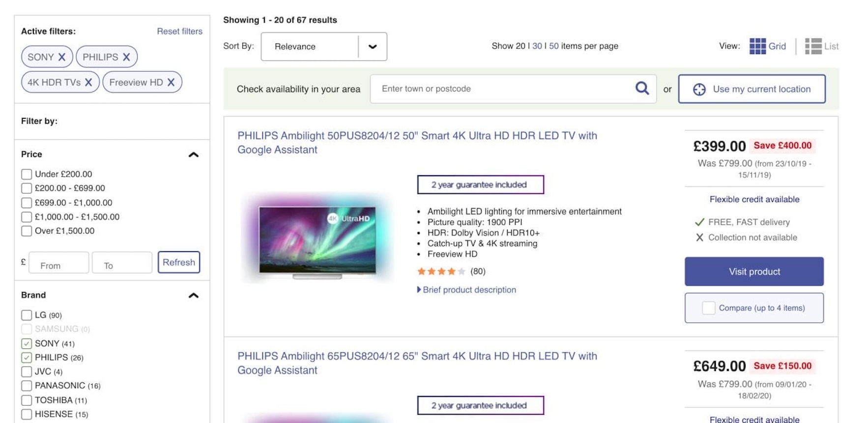 Ecommerce electronics desktop product list with “Active filters” in an overview at the top of the filtering sidebar.