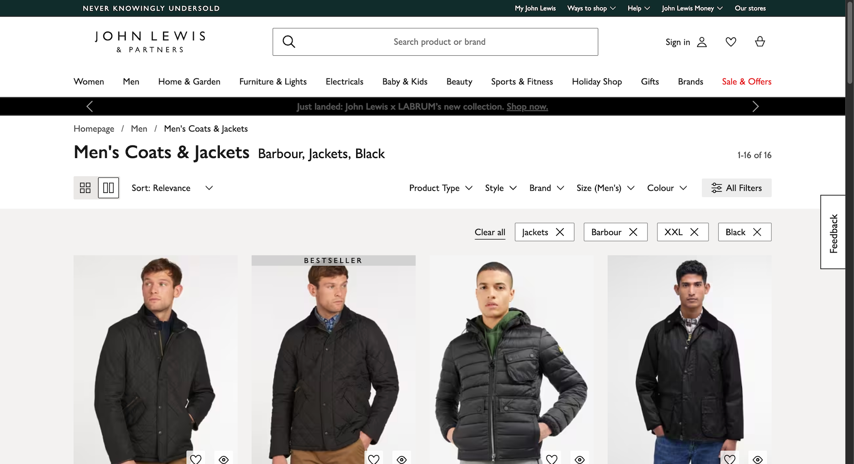John Lewis desktop product list with applied filters in an overview at the top of the list of jackets.