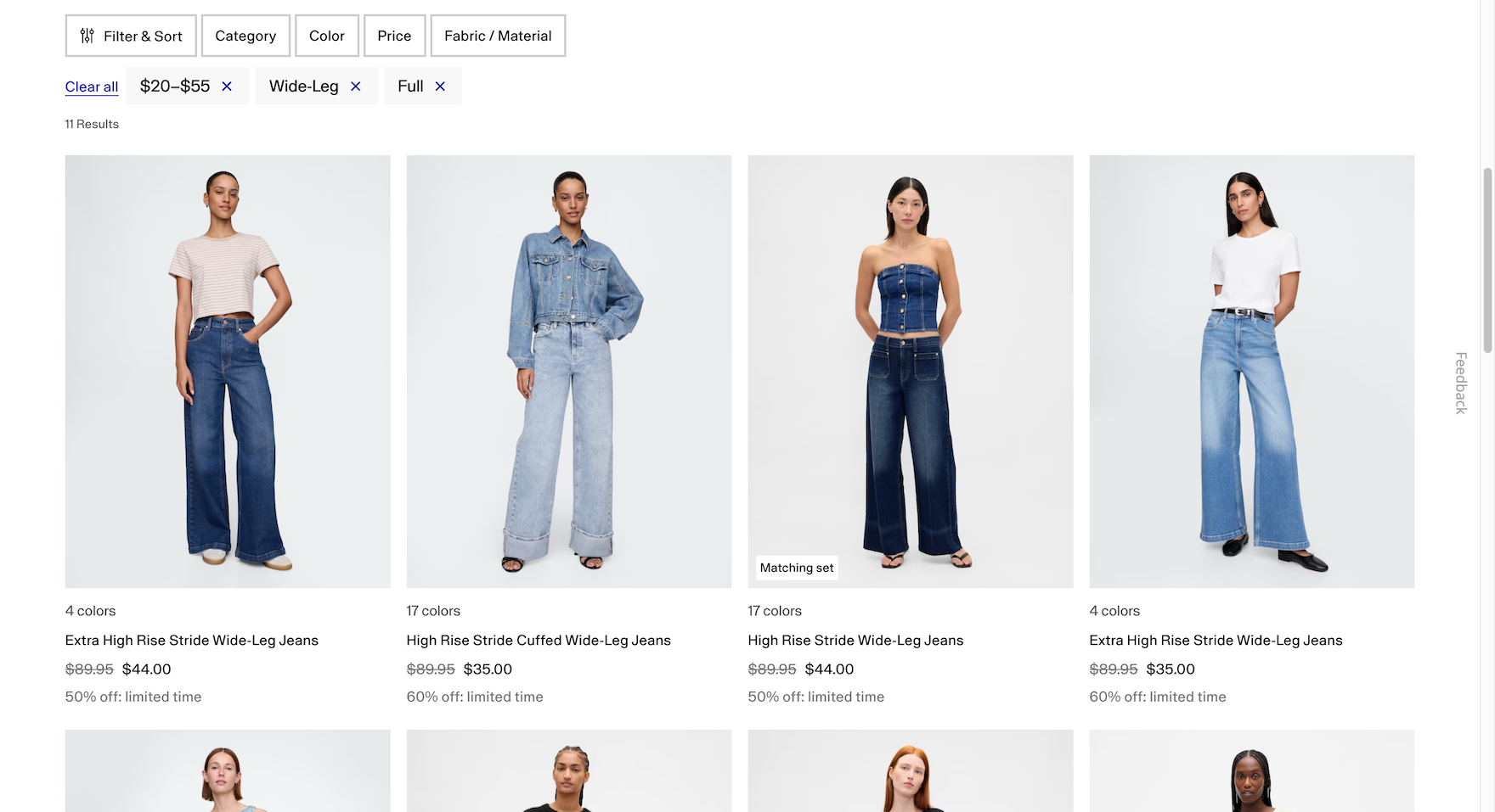GAP desktop product list with applied filters in an overview at the top of the list.