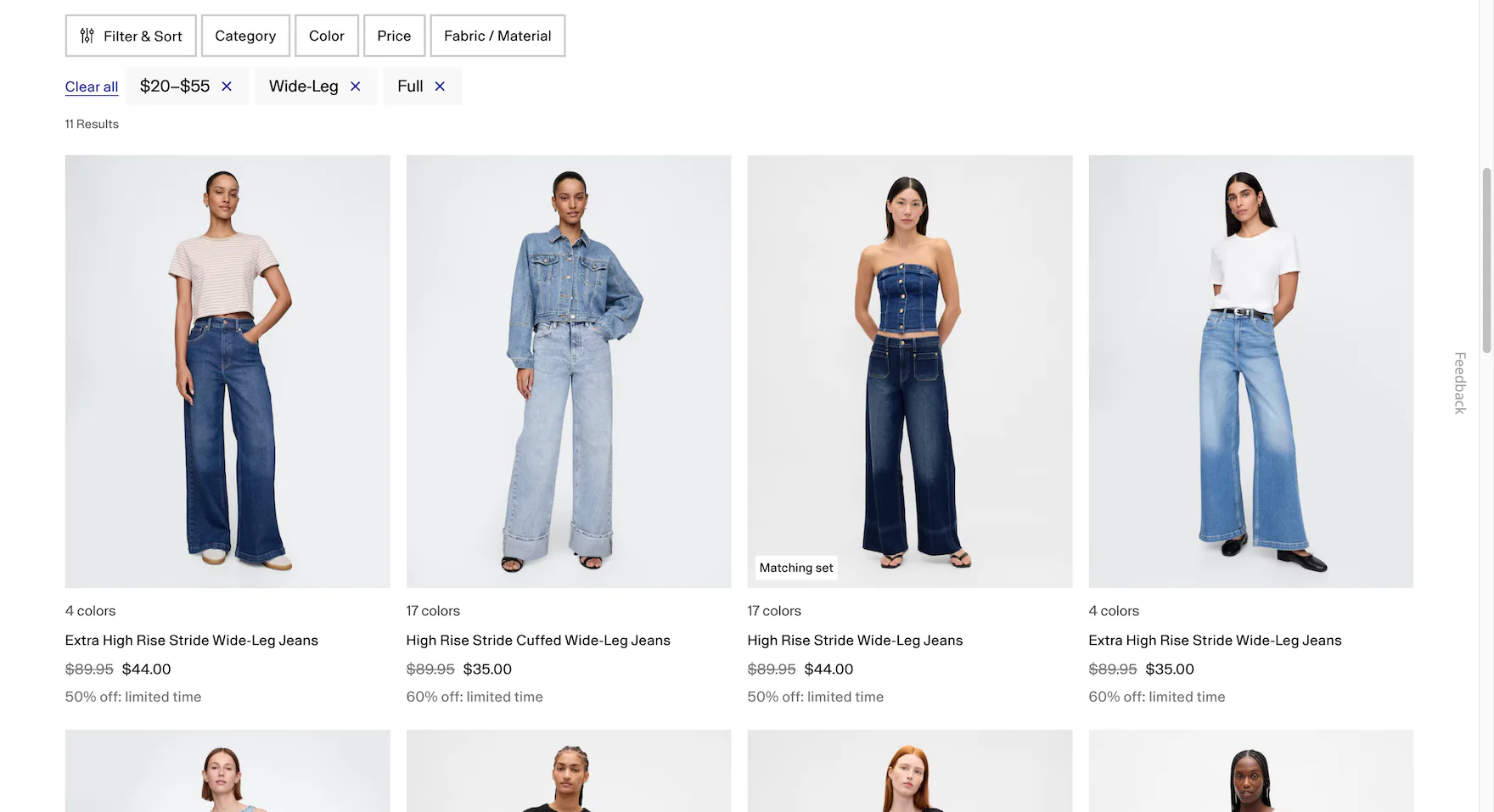 GAP desktop product list with applied filters in an overview at the top of the list.